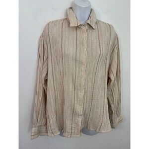 L. O. V Woman's Button Up Shirt Striped Gauzy Cotton Beach Orange Ivory Metallic